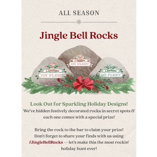 Three rocks labeled "Christmas ON FLEET" with festive greenery and a red bow, advertising "Jingle Bell Rocks".