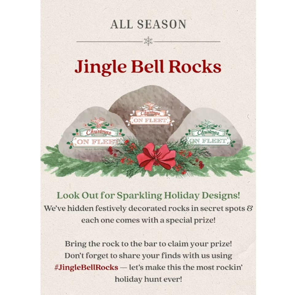 Three rocks labeled "Christmas ON FLEET" with festive greenery and a red bow, advertising "Jingle Bell Rocks".