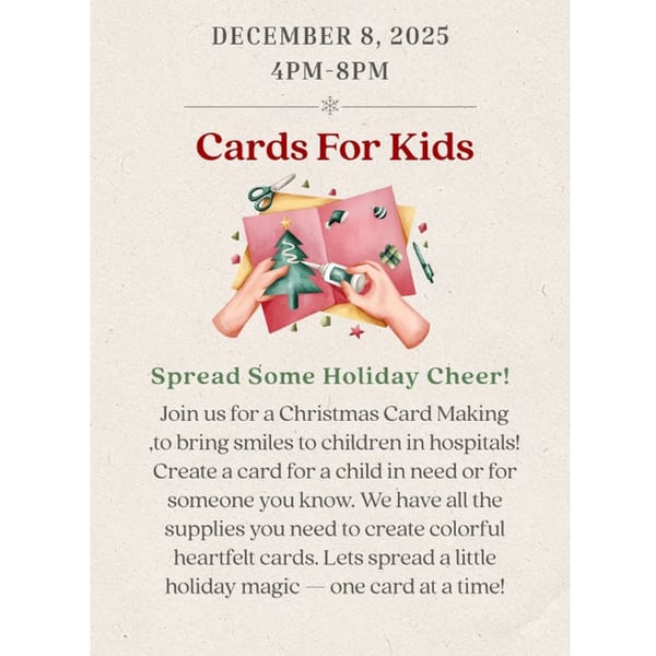 A flyer for a "Cards For Kids" event, showing hands decorating a Christmas card with craft supplies.