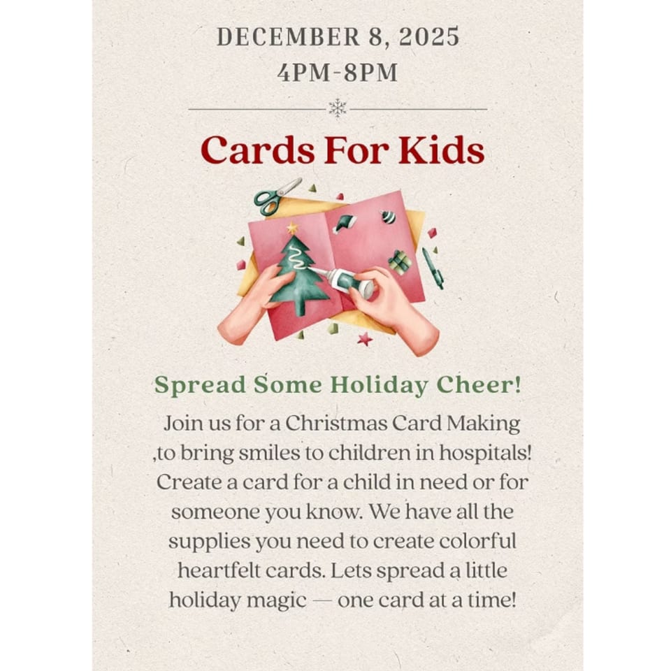 A flyer for a "Cards For Kids" event, showing hands decorating a Christmas card with craft supplies.