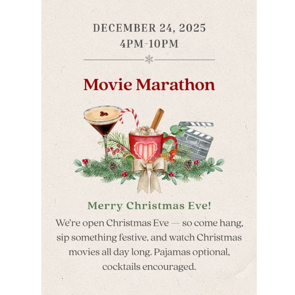 Christmas Eve movie marathon flyer with festive drinks, evergreens, and a clapperboard.