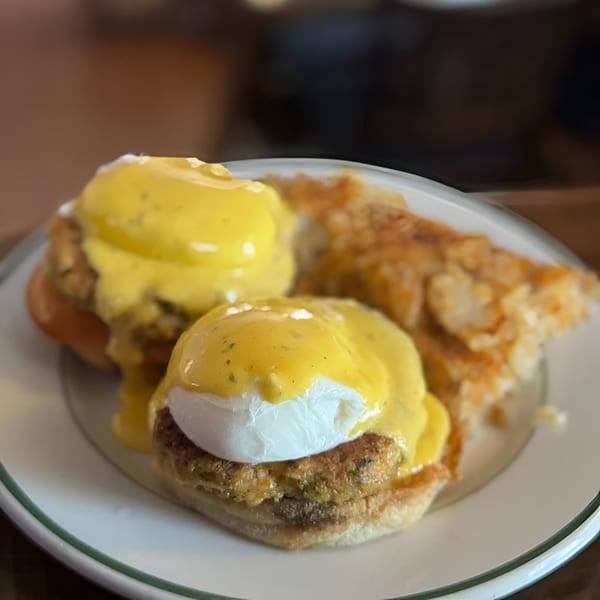 Two eggs benedict with hollandaise sauce and hash browns on a white plate at Ale Mary's.
