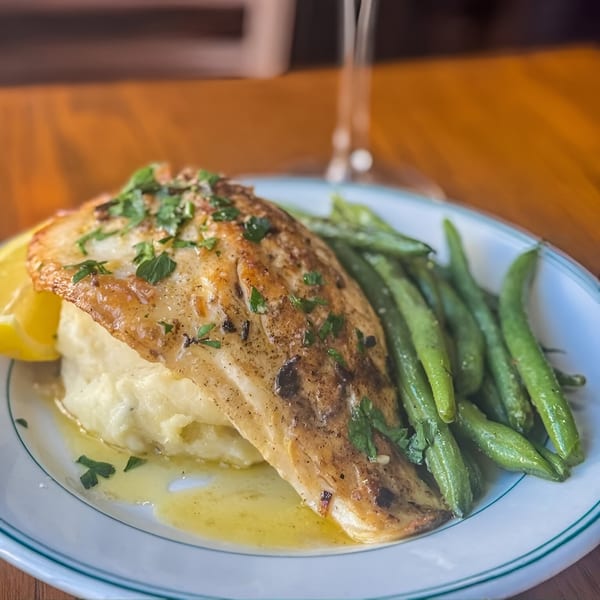 Pan-seared fish with mashed potatoes, green beans, lemon wedge, and butter sauce on a white plate.