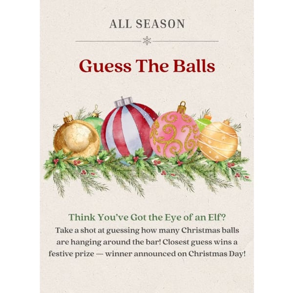 Christmas ornaments in red, pink, gold, and green, nestled in pine branches with holly berries.