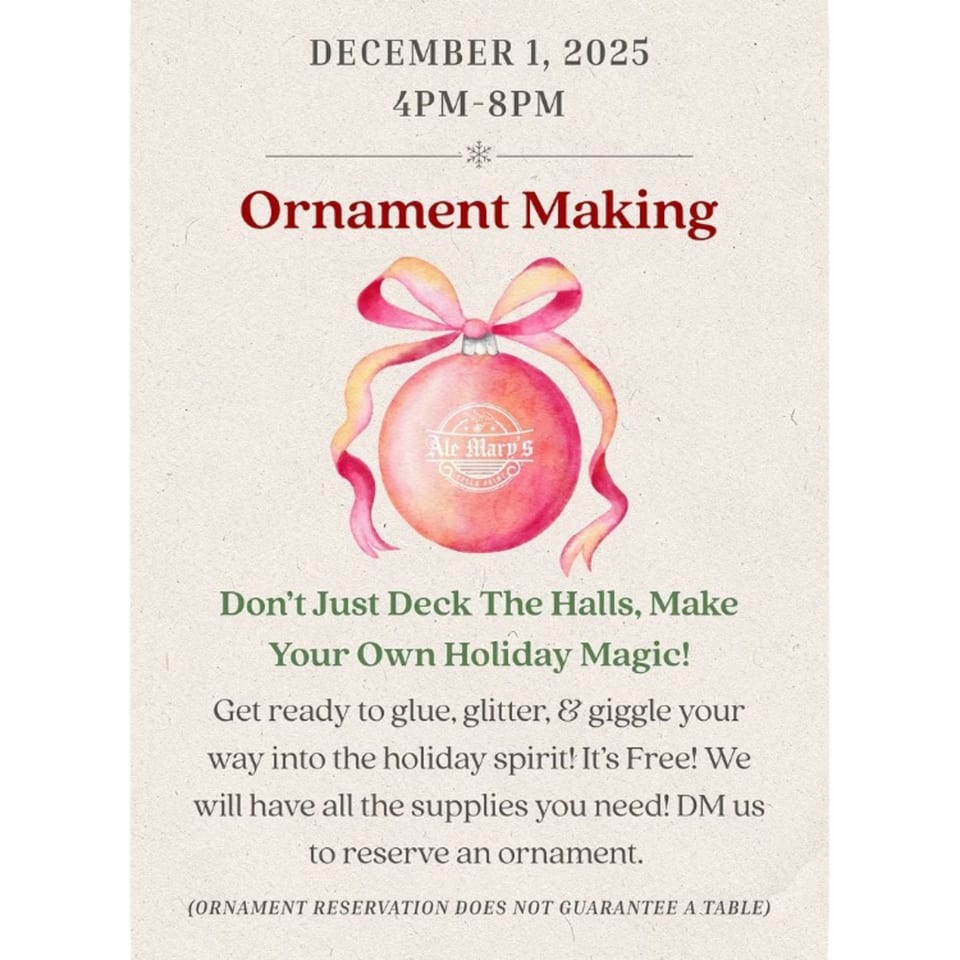 Ale Mary's holiday ornament making event flyer with a pink ornament and ribbon.